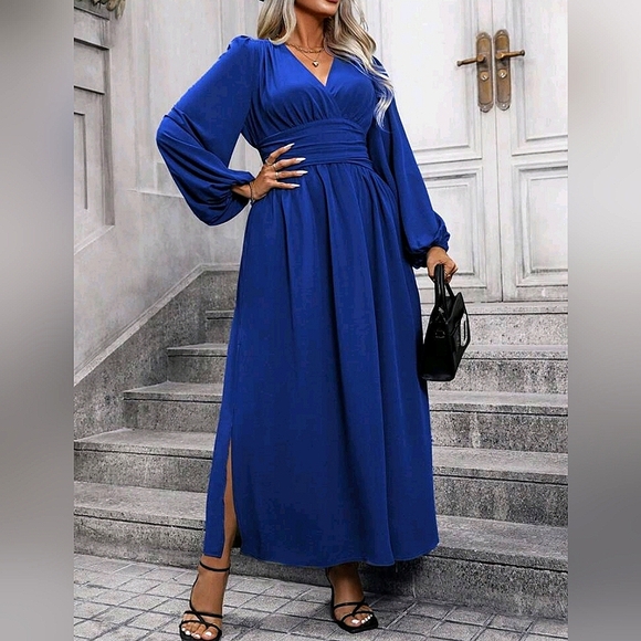 NEW Chic Ruched Waist Lantern Sleeve Maxi Dress PLUS Royal Blue - Picture 1 of 10